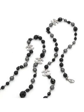 Chanel Pendant Choker Black Silver CC Logo Pearl Long Necklace